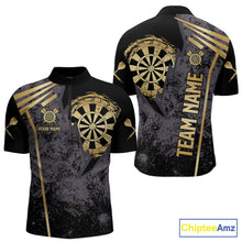 Load image into Gallery viewer, Gold grunge dartboard darts quarter zip shirt for men designed for league tournaments and team events.