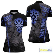 Load image into Gallery viewer, Blue grunge dartboard darts quarter zip shirt for women designed for league tournaments and team events.