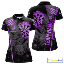 Load image into Gallery viewer, Purple grunge dartboard darts polo shirt for women with custom darts team graphics.