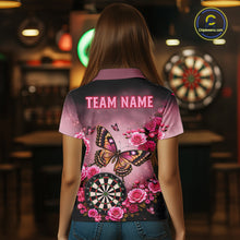 Load image into Gallery viewer, Back view of woman wearing a butterfly and rose darts shirt.