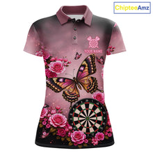 Load image into Gallery viewer, Butterfly and rose darts polo shirt for women with custom darts team graphics.