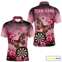 Load image into Gallery viewer, Butterfly and rose darts polo shirt for men with custom darts team graphics.
