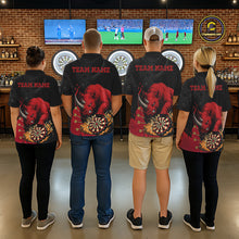 Load image into Gallery viewer, Back view of darts players wearing matching black and red rhino darts shirts.