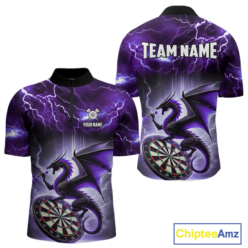 Custom Purple Thunder Lightning Dragon Darts Shirt For Men, Darts League Jersey Polo & 1/4 Zip TDM4385