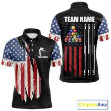 Load image into Gallery viewer, Personalized Grunge American Flag Men&#39;s Billiard Shirt, Patriotic Pool Team Shirt Polo &amp; 1/4 Zip TDM5242