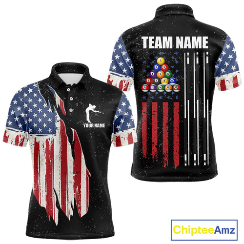 Personalized Grunge American Flag Men's Billiard Shirt, Patriotic Pool Team Shirt Polo & 1/4 Zip TDM5242