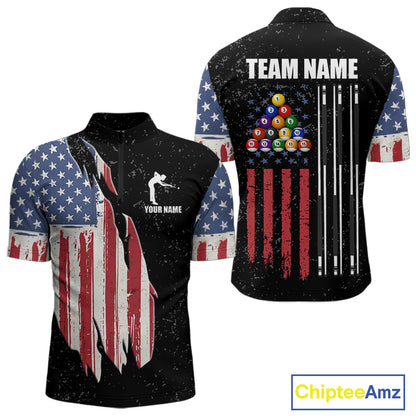 Personalized Grunge American Flag Men's Billiard Shirt, Patriotic Pool Team Shirt Polo & 1/4 Zip TDM5242