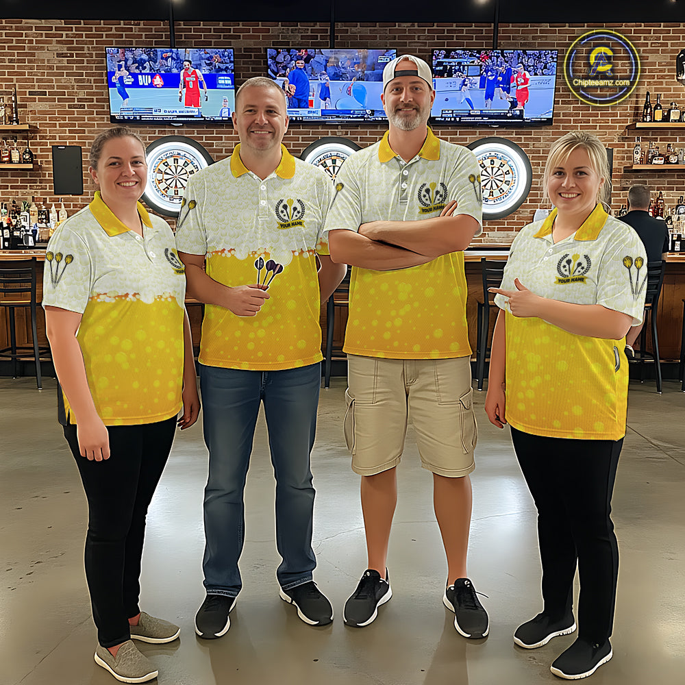 Personalized Yellow Funny Darts And Beer Women's Dart Shirts, Darts Team Jersey Polo & 1/4 Zip TDM5509