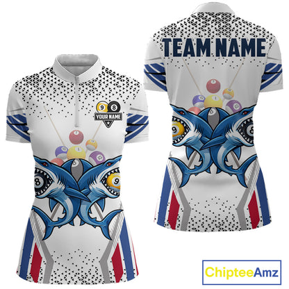 Funny Shark 8 Ball & 9 Ball Pool Billiard Shirt For Women Custom Billiard Team Jersey Polo & 1/4 Zip TDM5965