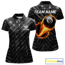 Load image into Gallery viewer, Black US Flag 8 Ball Fire Billiard Shirt For Women Custom Billiard Team Jersey Polo &amp; 1/4 Zip TDM6122