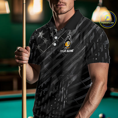 Black US Flag 9 Ball Fire Billiard Shirt For Men Custom Billiard Team Jersey Polo & 1/4 Zip TDM6123
