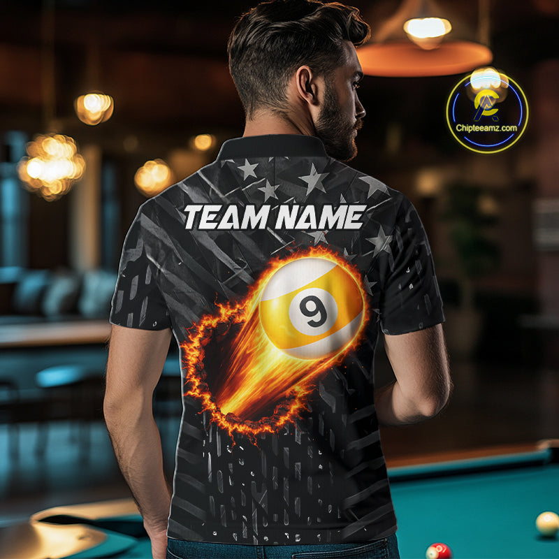 Black US Flag 9 Ball Fire Billiard Shirt For Men Custom Billiard Team Jersey Polo & 1/4 Zip TDM6123