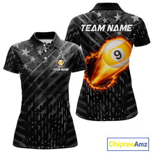 Load image into Gallery viewer, Black US Flag 9 Ball Fire Billiard Shirt For Women Custom Billiard Team Jersey Polo &amp; 1/4 Zip TDM6123