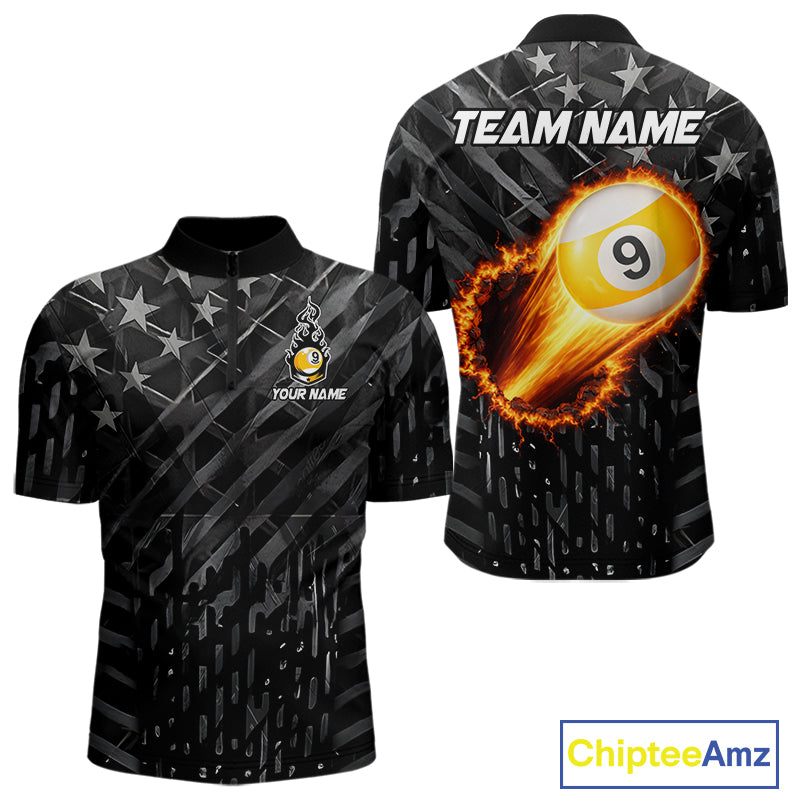 Black US Flag 9 Ball Fire Billiard Shirt For Men Custom Billiard Team Jersey Polo & 1/4 Zip TDM6123