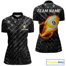 Load image into Gallery viewer, Black US Flag 9 Ball Fire Billiard Shirt For Women Custom Billiard Team Jersey Polo &amp; 1/4 Zip TDM6123