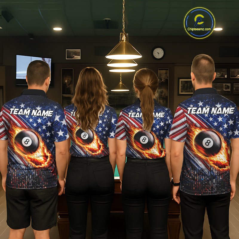 American Flag Fire 8 Ball Pool Billiard Shirt For Men Custom Billiard Team Jersey Polo & 1/4 Zip TDM6124