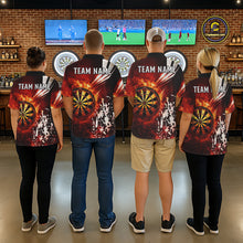 Load image into Gallery viewer, Back view of darts players wearing matching red fire dartboard darts shirts.
