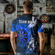 Load image into Gallery viewer, Back view of man wearing a blue fire dartboard darts shirt.