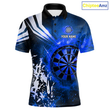 Load image into Gallery viewer, Blue fire dartboard darts polo shirt for men with custom darts team graphics.