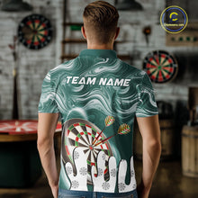 Load image into Gallery viewer, Back view of man wearing a green marble swirl darts shirt.