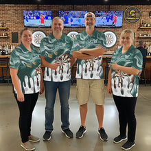 Load image into Gallery viewer, Darts team wearing matching green marble swirl darts jerseys during league competition front view.