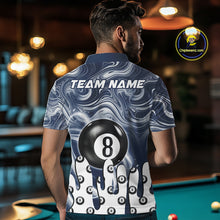Load image into Gallery viewer, Back view of man wearing a blue marble swirl 8 ball pool shirt in a billiards hall.