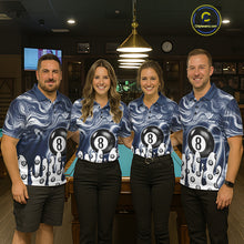 Load image into Gallery viewer, Pool team wearing matching blue marble swirl 8 ball billiard jerseys during tournament competition front view.