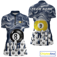 Load image into Gallery viewer, Blue marble swirl 8 ball and 9 ball billiard quarter zip shirt for women designed for league tournaments and team events.