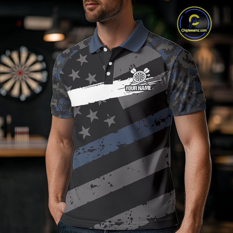 Blue Camo American Flag Darts Jersey For Men Custom Grunge Darts Shirt Team Polo & Quarter Zip TDM5031