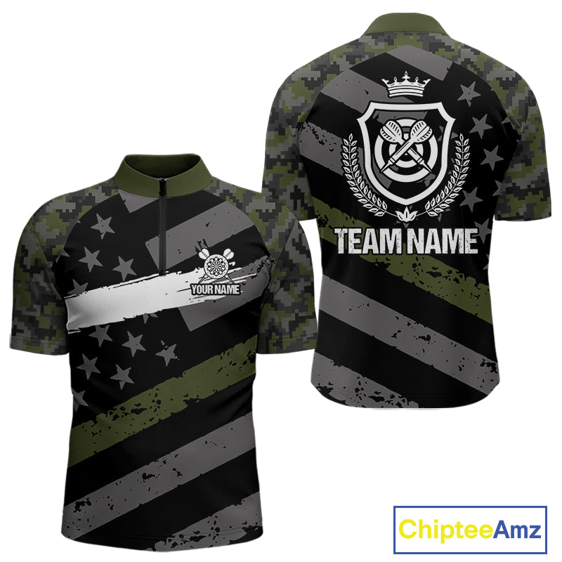 Green Military Camo US Flag Darts Jersey For Men Custom Grunge Darts Shirt Team Polo & Quarter Zip TDM5033