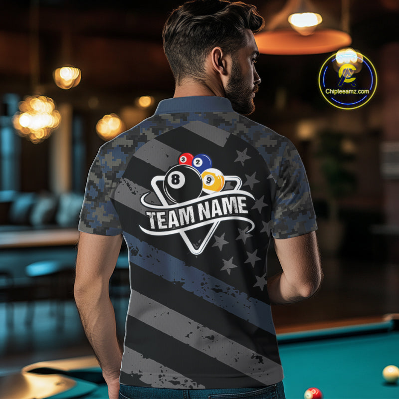 Blue Camo US Flag 8 Ball & 9 Ball Pool Jersey For Men Custom Billiard Team Shirt Polo & 1/4 Zip TDM5035