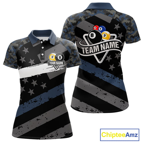 Blue Camo US Flag 8 Ball & 9 Ball Pool Jersey For Women Custom Billiard Team Shirt Polo & 1/4 Zip TDM5035