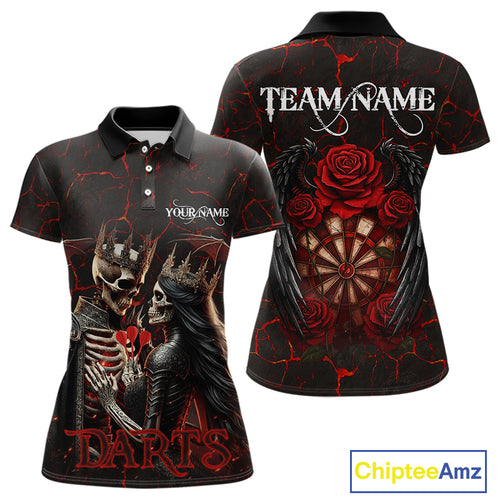 Personalized Skeleton Couple And Roses Gothic Darts Shirt For Women Custom Dart Jersey Outfit|Red TDM5038