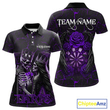 Load image into Gallery viewer, Personalized Skeleton Couple And Roses Gothic Darts Shirt For Women, Darts Jersey Outfit | Purple TDM5040