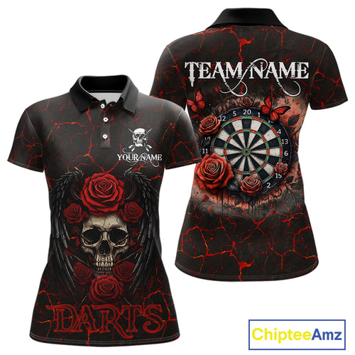 Personalized Skull And Roses Gothic Darts Shirt For Women Custom Red Dart Jersey Team Polo & 1/4 Zip TDM5041