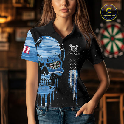 Blue Camo Skull American Flag Dart Shirt For Women Custom Patriotic Dart Jersey Team Polo & 1/4 Zip TDM5772