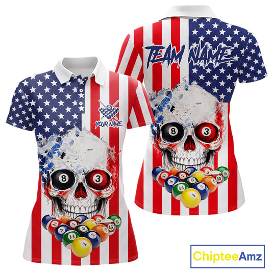 American Flag Grunge Skull Billiard Shirt For Women Custom Patriotic Pool Team Jersey Polo & 1/4 Zip TDM6132