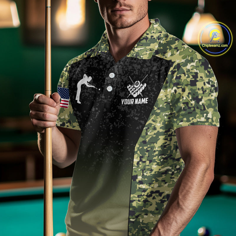 Custom Green Camo US Flag 8 Ball Pool Shirt For Men, Billiard Team Jersey Polo & 1/4 Zip TDM6138