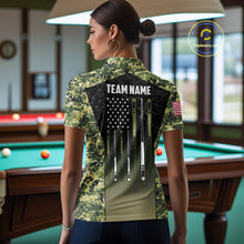 Load image into Gallery viewer, Custom Green Camo US Flag 8 Ball Pool Shirt For Women, Billiard Team Jersey Polo &amp; 1/4 Zip TDM6138