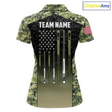Load image into Gallery viewer, Custom Green Camo US Flag 8 Ball Pool Shirt For Women, Billiard Team Jersey Polo &amp; 1/4 Zip TDM6138