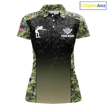 Load image into Gallery viewer, Custom Green Camo US Flag 8 Ball Pool Shirt For Women, Billiard Team Jersey Polo &amp; 1/4 Zip TDM6138