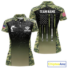 Load image into Gallery viewer, Custom Green Camo US Flag 8 Ball Pool Shirt For Women, Billiard Team Jersey Polo &amp; 1/4 Zip TDM6138