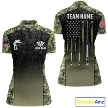 Load image into Gallery viewer, Custom Green Camo US Flag 8 Ball Pool Shirt For Women, Billiard Team Jersey Polo &amp; 1/4 Zip TDM6138