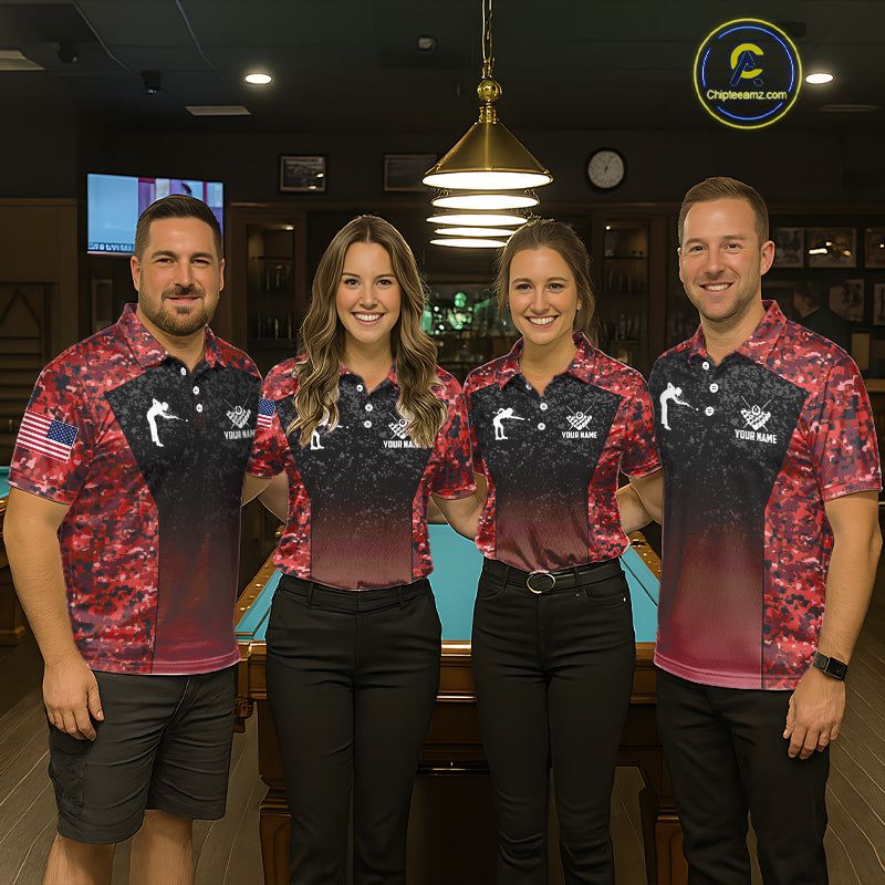 Custom Red Camo US Flag 8 Ball Pool Shirt For Men, Billiard Team Jersey Polo & 1/4 Zip TDM6140