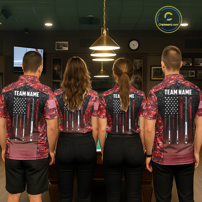 Custom Red Camo US Flag 8 Ball Pool Shirt For Men, Billiard Team Jersey Polo & 1/4 Zip TDM6140