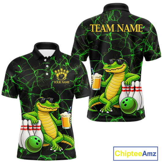 Black And Green Funny Alligator Bowling Shirt For Men Custom Lightning Bowling Team Jersey TDM6141