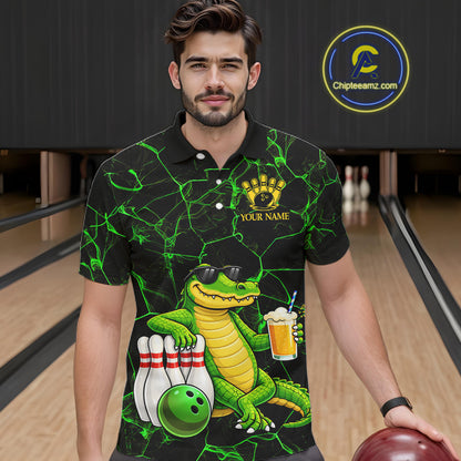 Black And Green Funny Alligator Bowling Shirt For Men Custom Lightning Bowling Team Jersey TDM6141