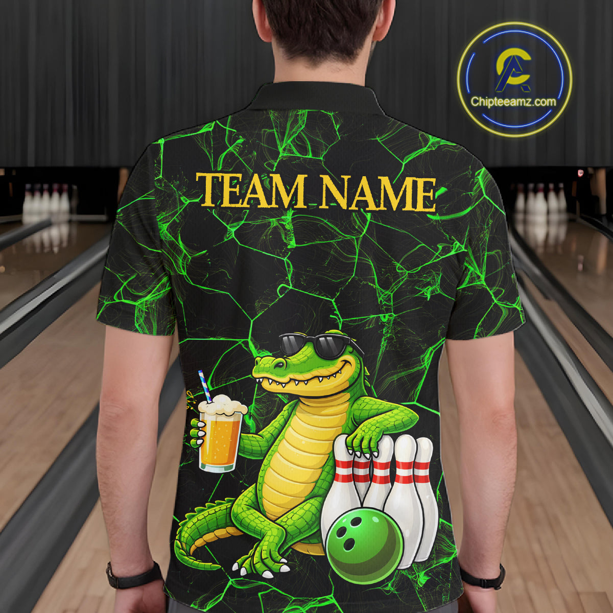 Black And Green Funny Alligator Bowling Shirt For Men Custom Lightning Bowling Team Jersey TDM6141
