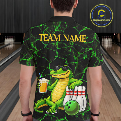 Black And Green Funny Alligator Bowling Shirt For Men Custom Lightning Bowling Team Jersey TDM6141