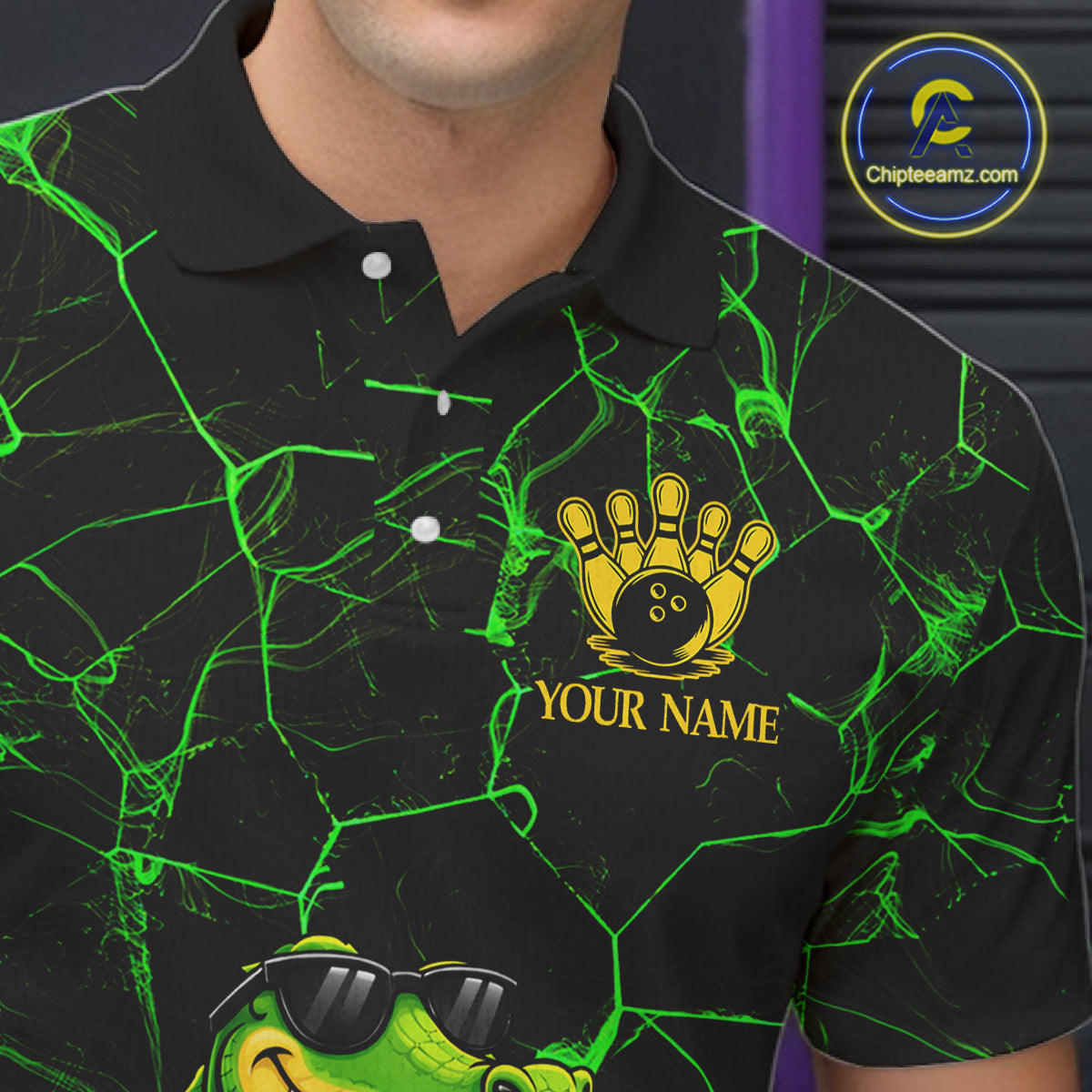 Black And Green Funny Alligator Bowling Shirt For Men Custom Lightning Bowling Team Jersey TDM6141